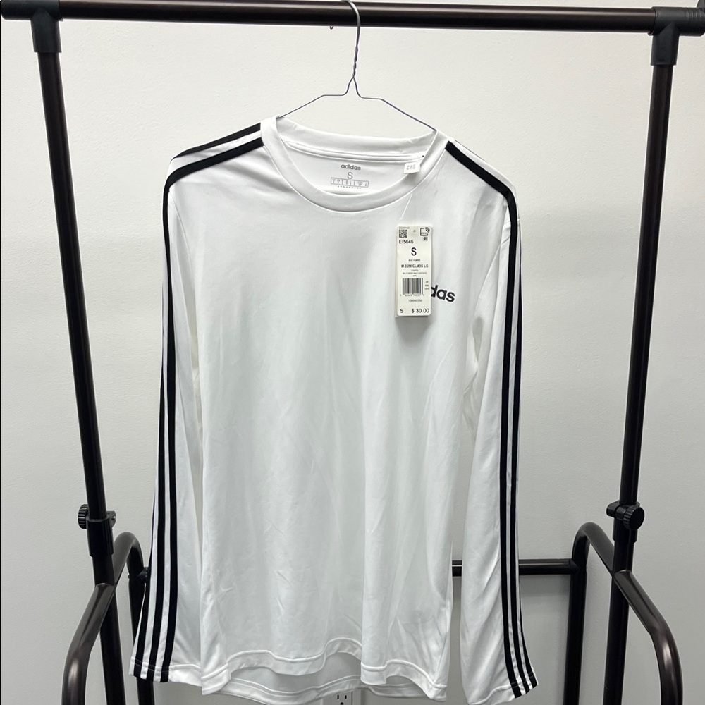 adidas White Long-Sleeve Crew with Black Three-Stripes